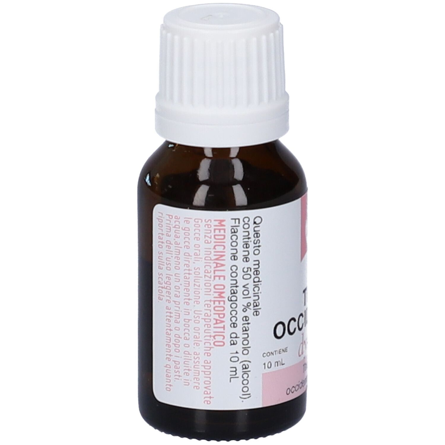 Flacone di vetro marrone con tappo bianco. Etichetta con informazioni sul prodotto e dettagli rosa. Testo: Thuya occidentalis 12 LM.