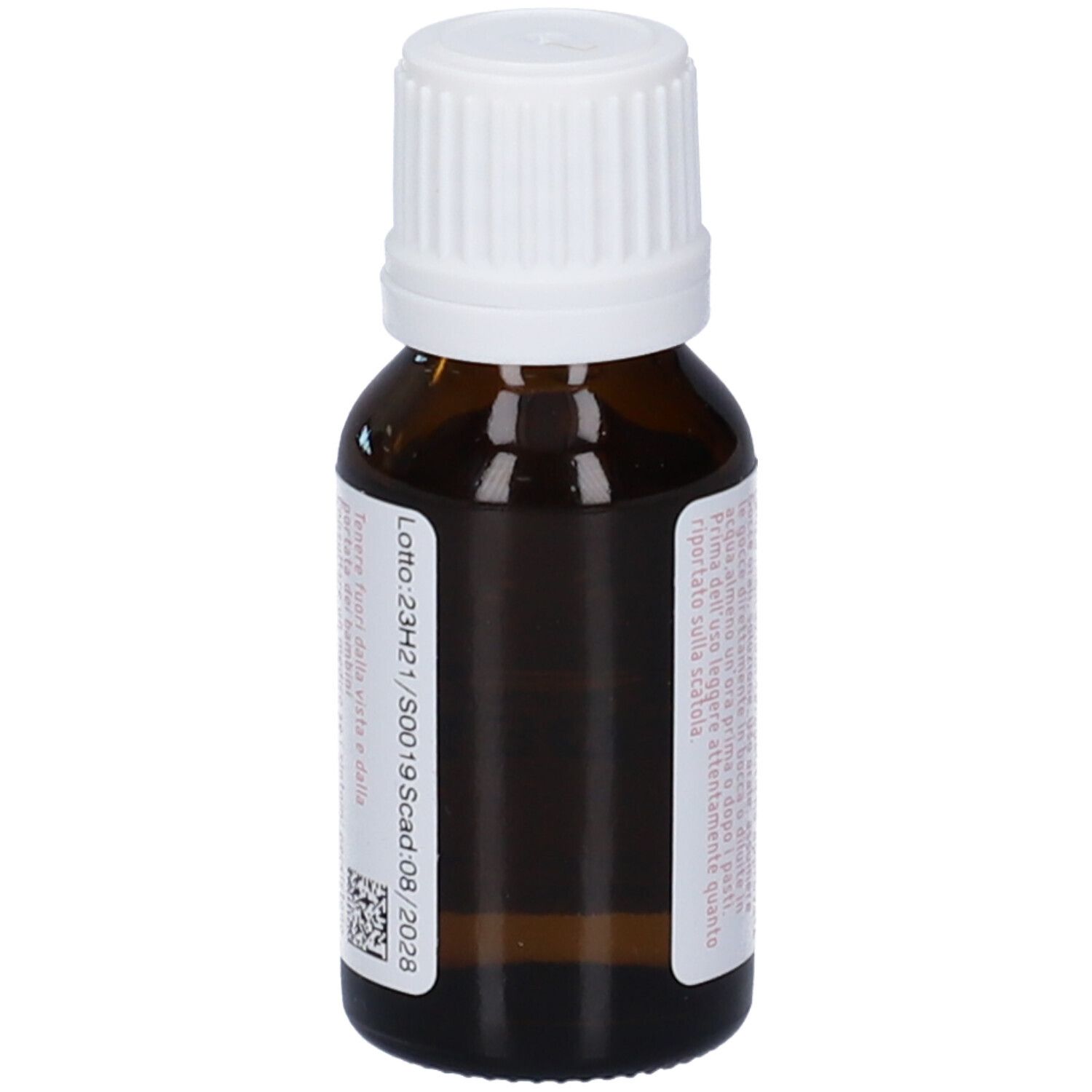 Flacone di vetro marrone con tappo bianco. Etichetta con informazioni sul prodotto. Testo: Lotto 23H21/S0019, scad. 08/2028.