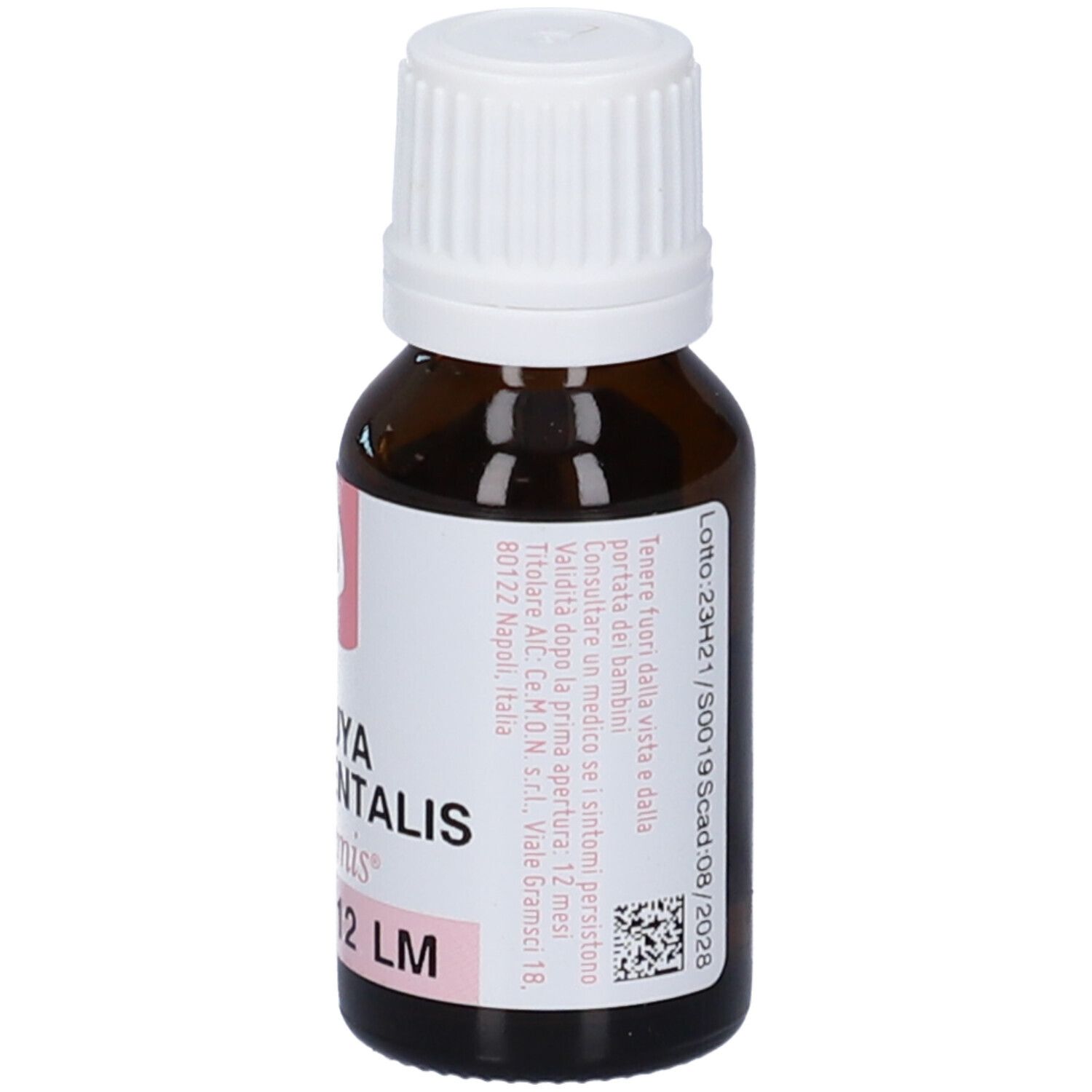 Flacone di vetro marrone con tappo bianco. Etichetta con informazioni sul prodotto. Testo: Thuya occidentalis 12 LM, indirizzo.