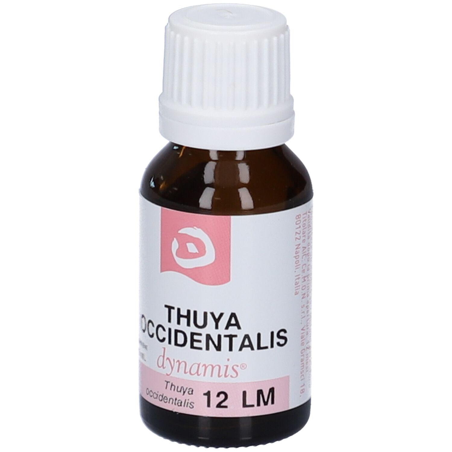 Flacone di vetro marrone con tappo bianco. Etichetta con nome del prodotto e dettagli rosa. Testo: Thuya occidentalis 12 LM.