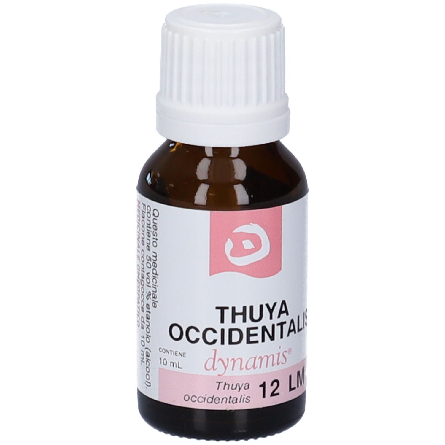 Flacone di vetro marrone con tappo bianco. Etichetta con nome del prodotto e dettagli rosa. Testo: Thuya occidentalis 12 LM.