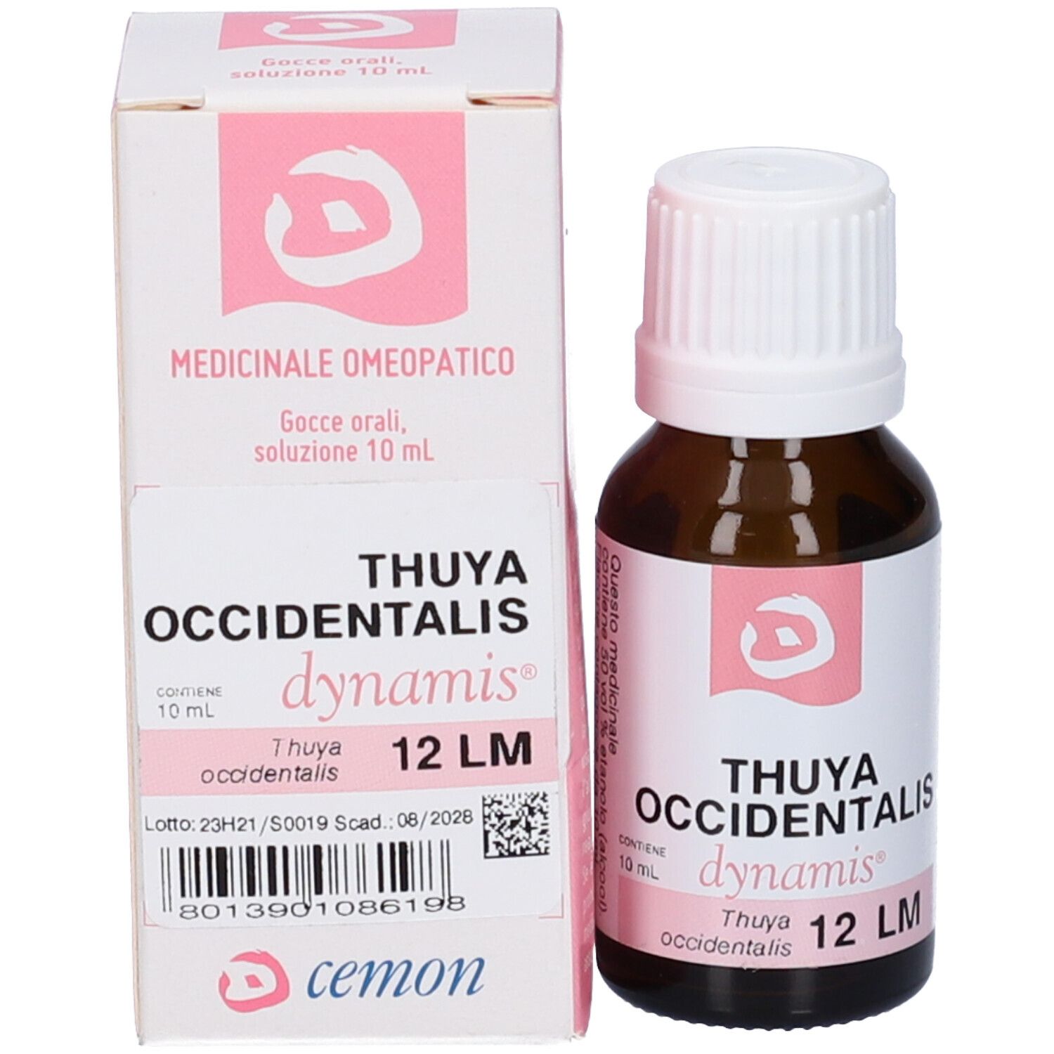 Flacone di vetro marrone e scatola. Scatola con nome del prodotto e dettagli rosa. Testo: Thuya occidentalis 12 LM.