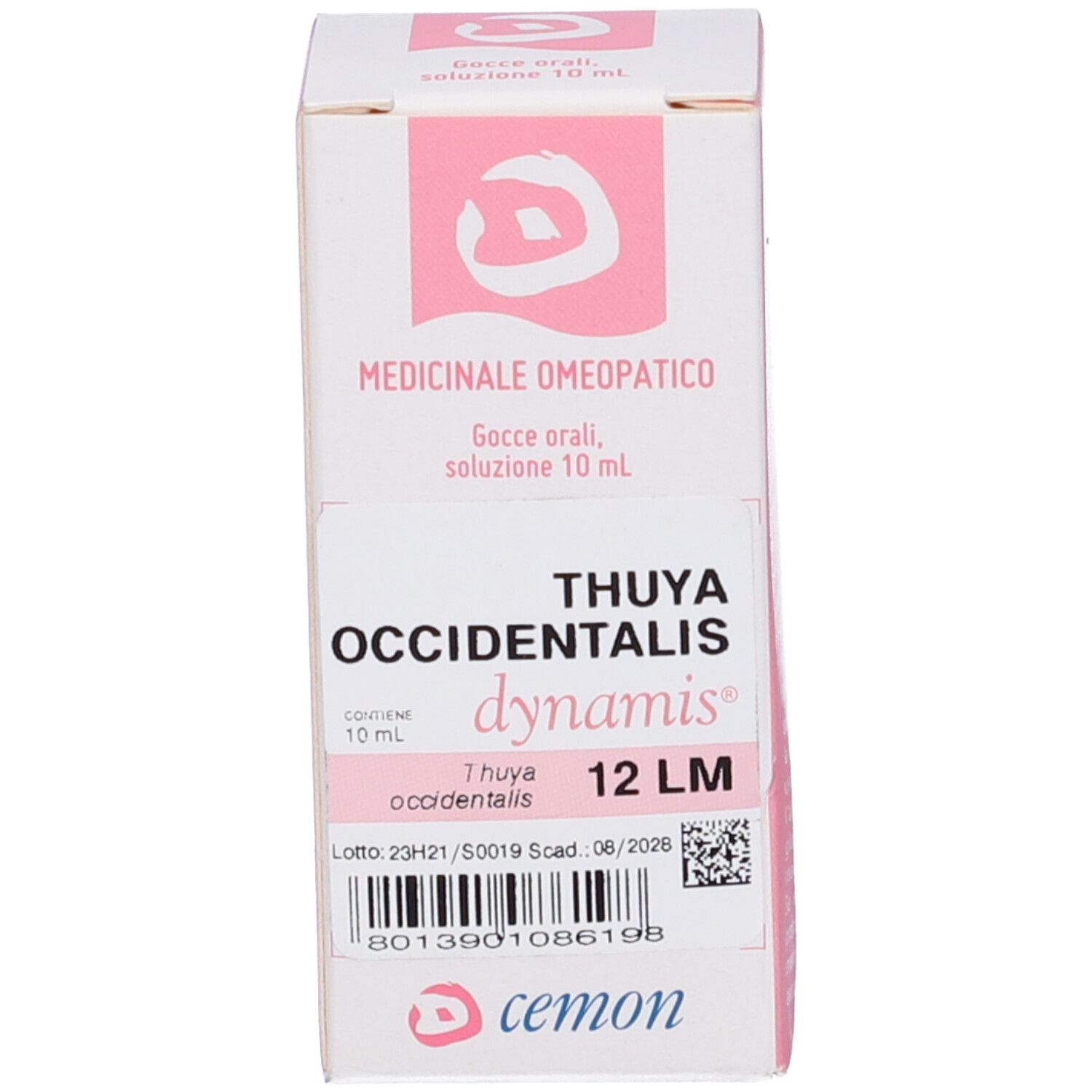 Scatola con nome del prodotto e dettagli rosa. Testo: Thuya occidentalis 12 LM, Medicinale Omeopatico.