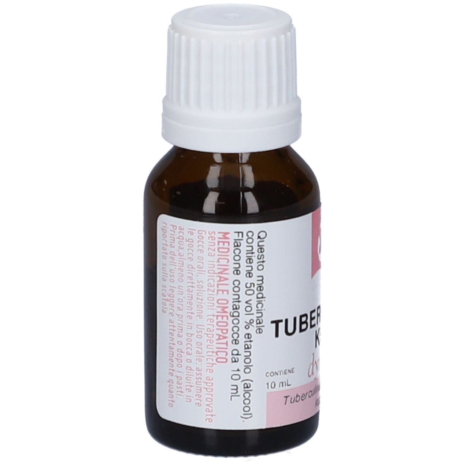 Flacone di vetro marrone con tappo a vite bianco. Etichetta rosa con informazioni sul prodotto.