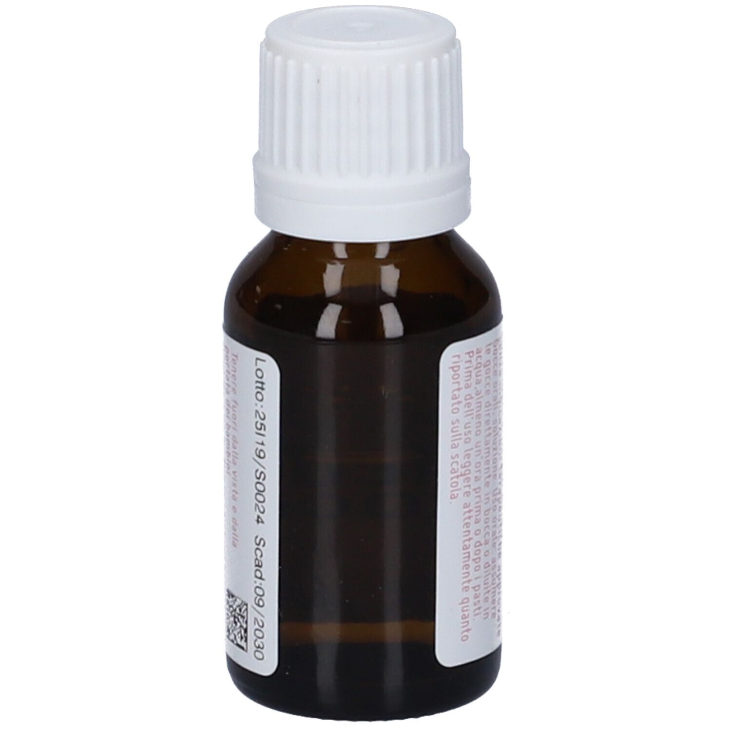 Flacone di vetro marrone con tappo a vite bianco. Etichetta con testo e numero di lotto.