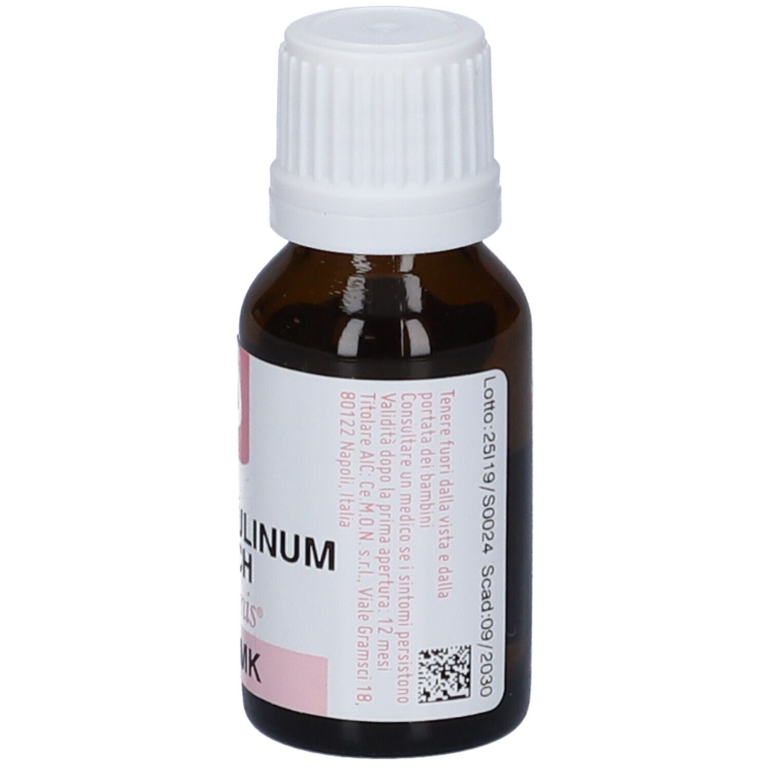 Flacone di vetro marrone con tappo a vite bianco. Etichetta rosa con informazioni e codice QR.