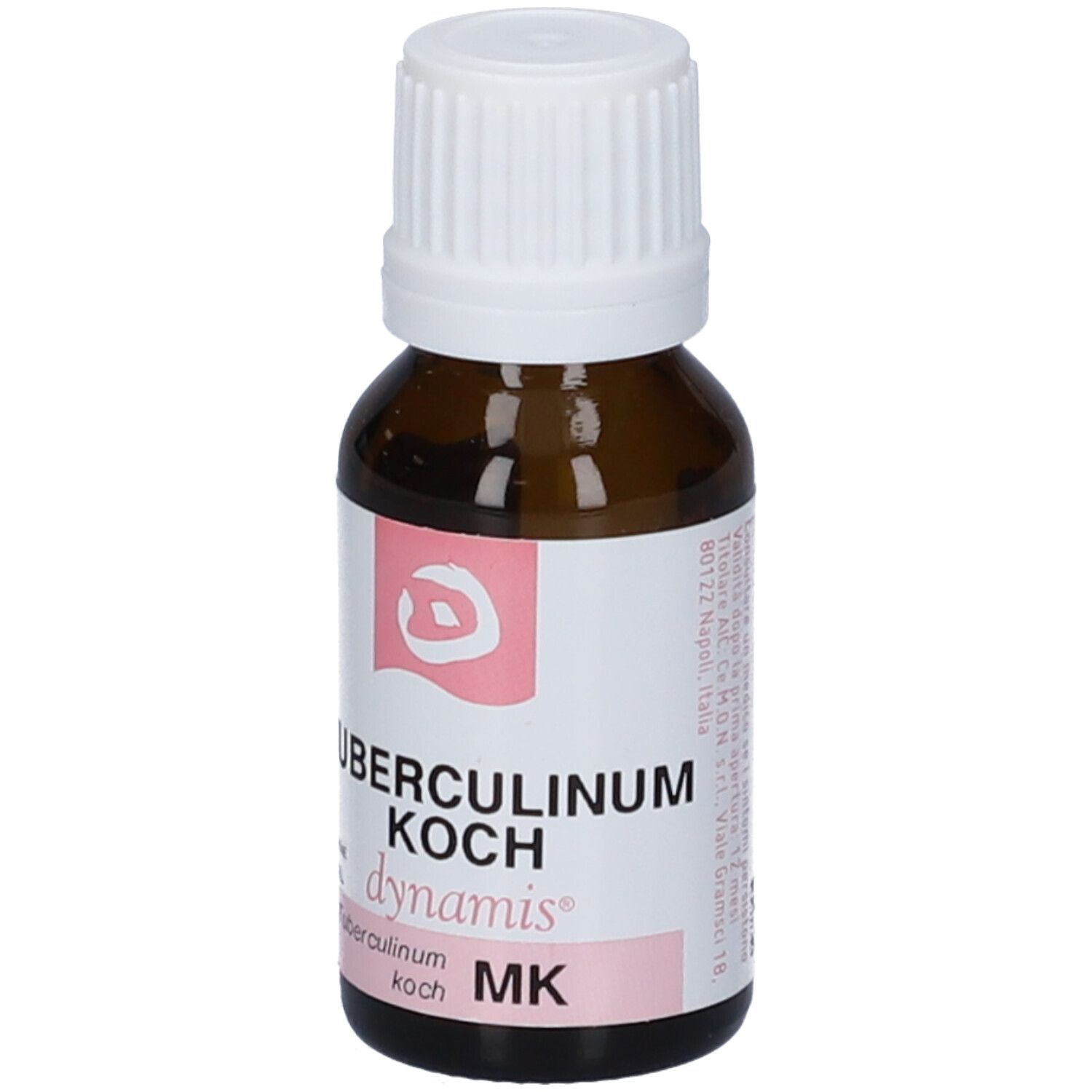 Flacone di vetro marrone con tappo a vite bianco. Etichetta rosa con nome del prodotto e logo.