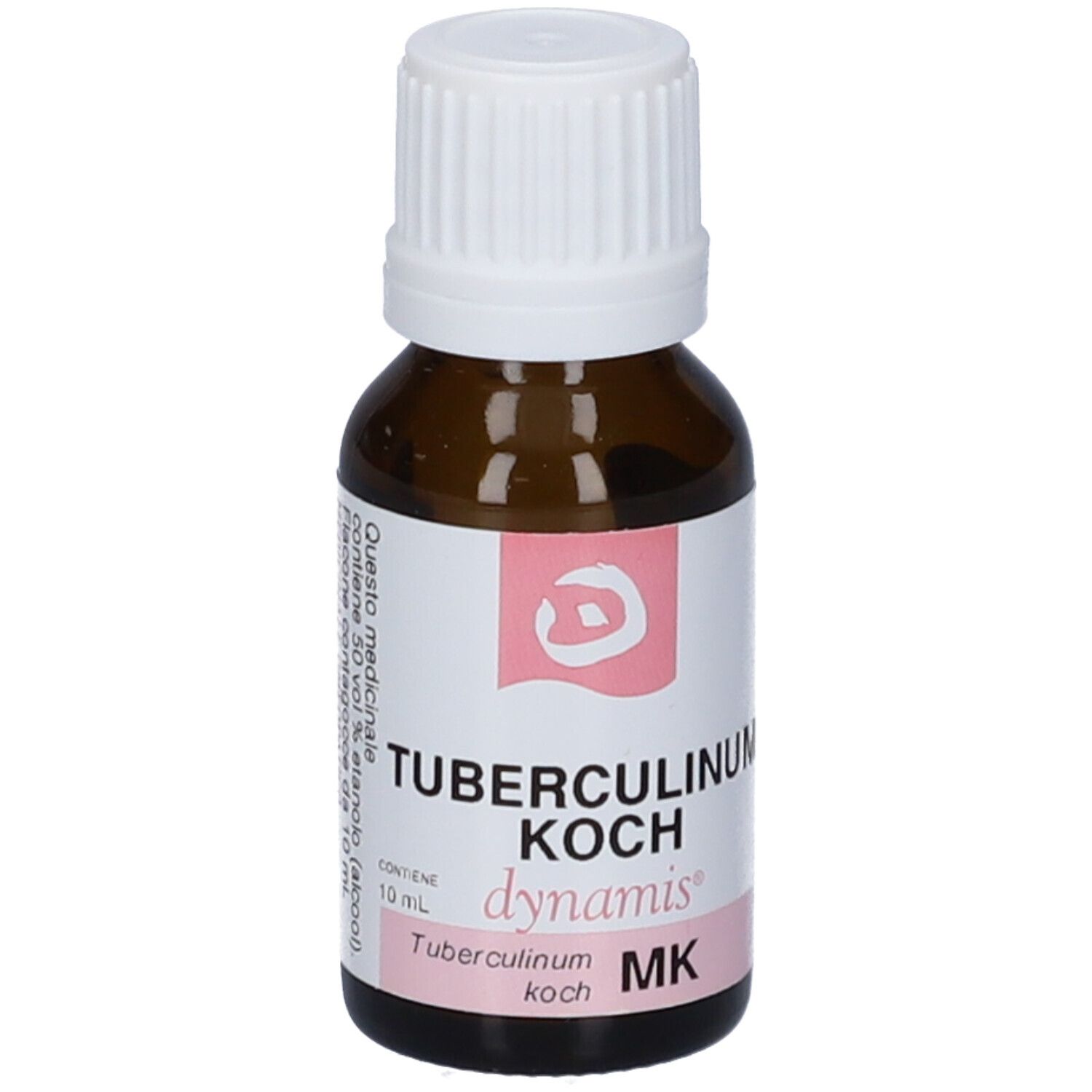 Flacone di vetro marrone con tappo a vite bianco. Etichetta rosa con informazioni sul prodotto.