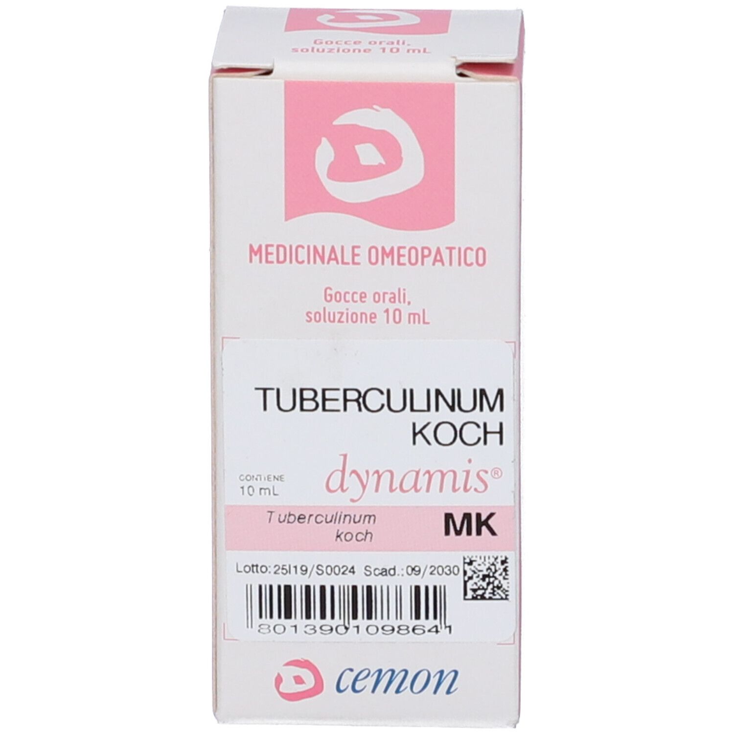 Scatola del prodotto, bianca con dettagli rosa. Testo e logo sul fronte.