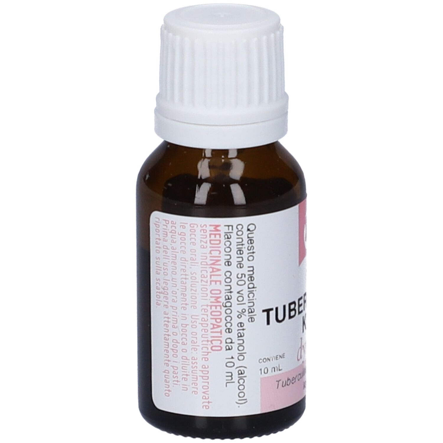Flacone vetro marrone con tappo bianco. Etichetta con info e accenti rosa. Testo: Tubercolinum Koch dynamis.
