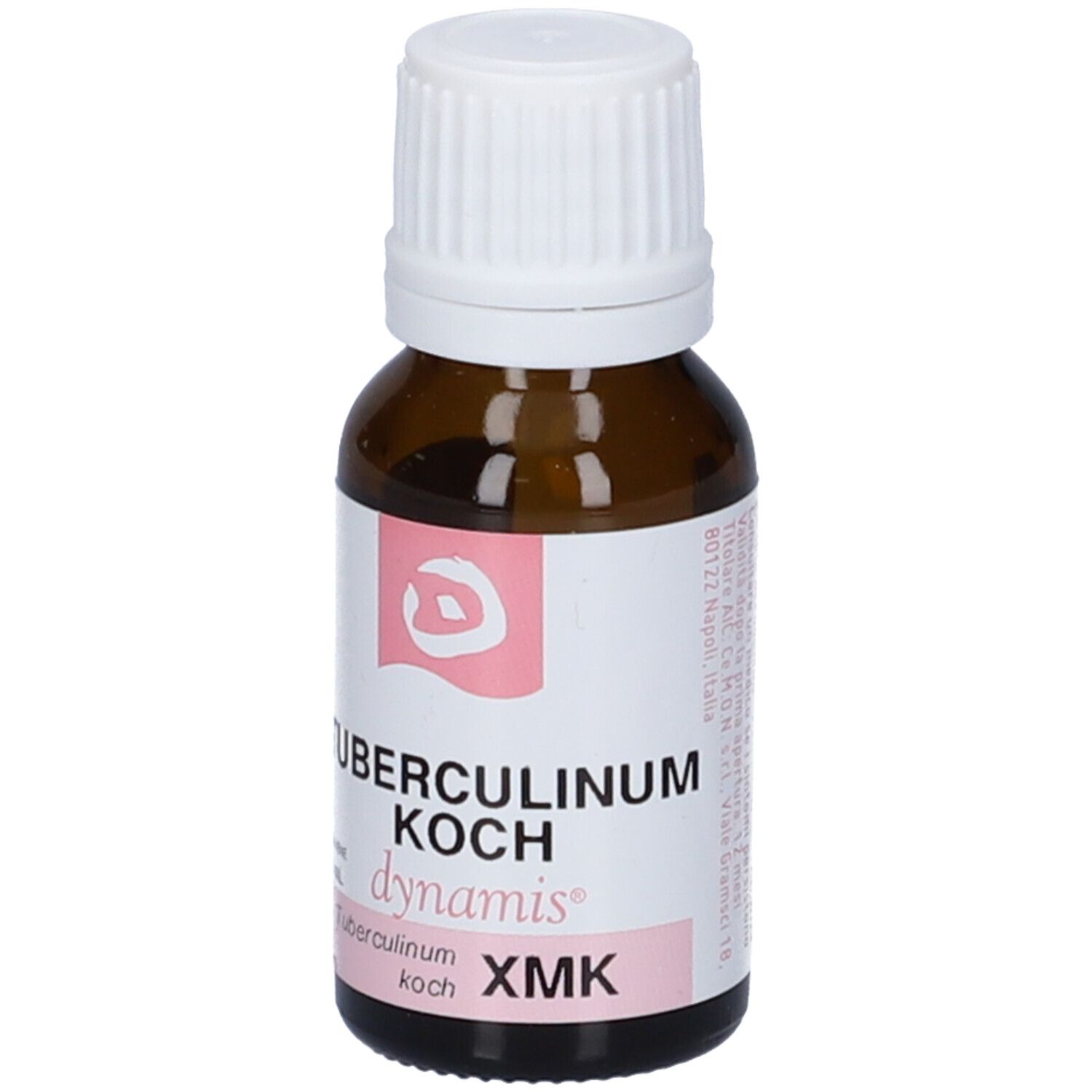 Flacone di vetro marrone con tappo bianco. Etichetta rosa con nome prodotto: Tubercolinum Koch XMK dynamis.