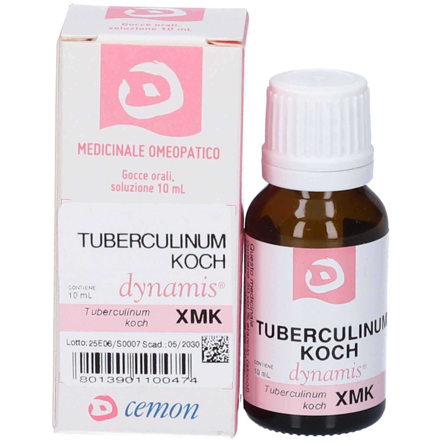 Flacone e confezione. Flacone: vetro marrone, tappo bianco. Confezione: bianca, accenti rosa. Testo: Tubercolinum Koch.