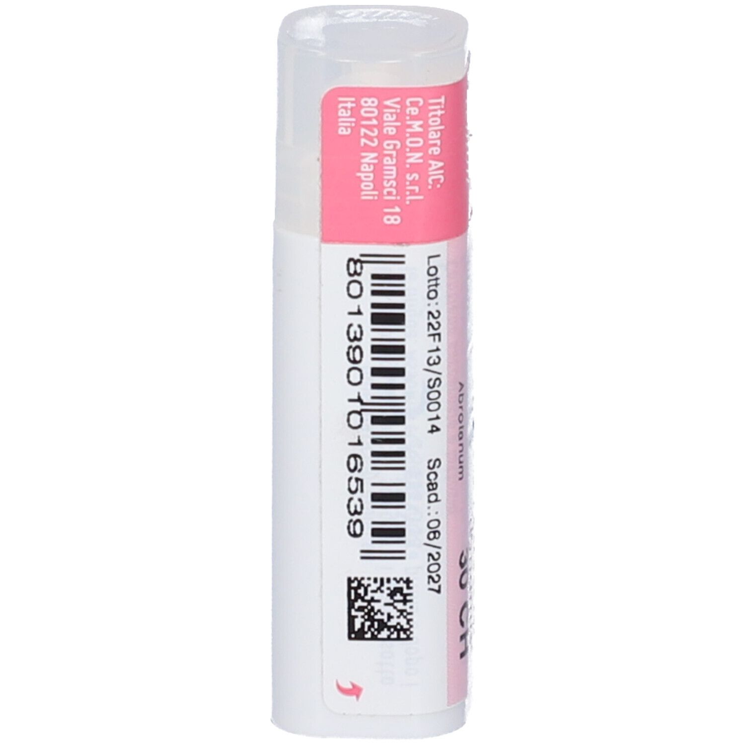 Flacone cilindrico bianco e rosa. Codice a barre e numero di lotto. Testo in italiano.