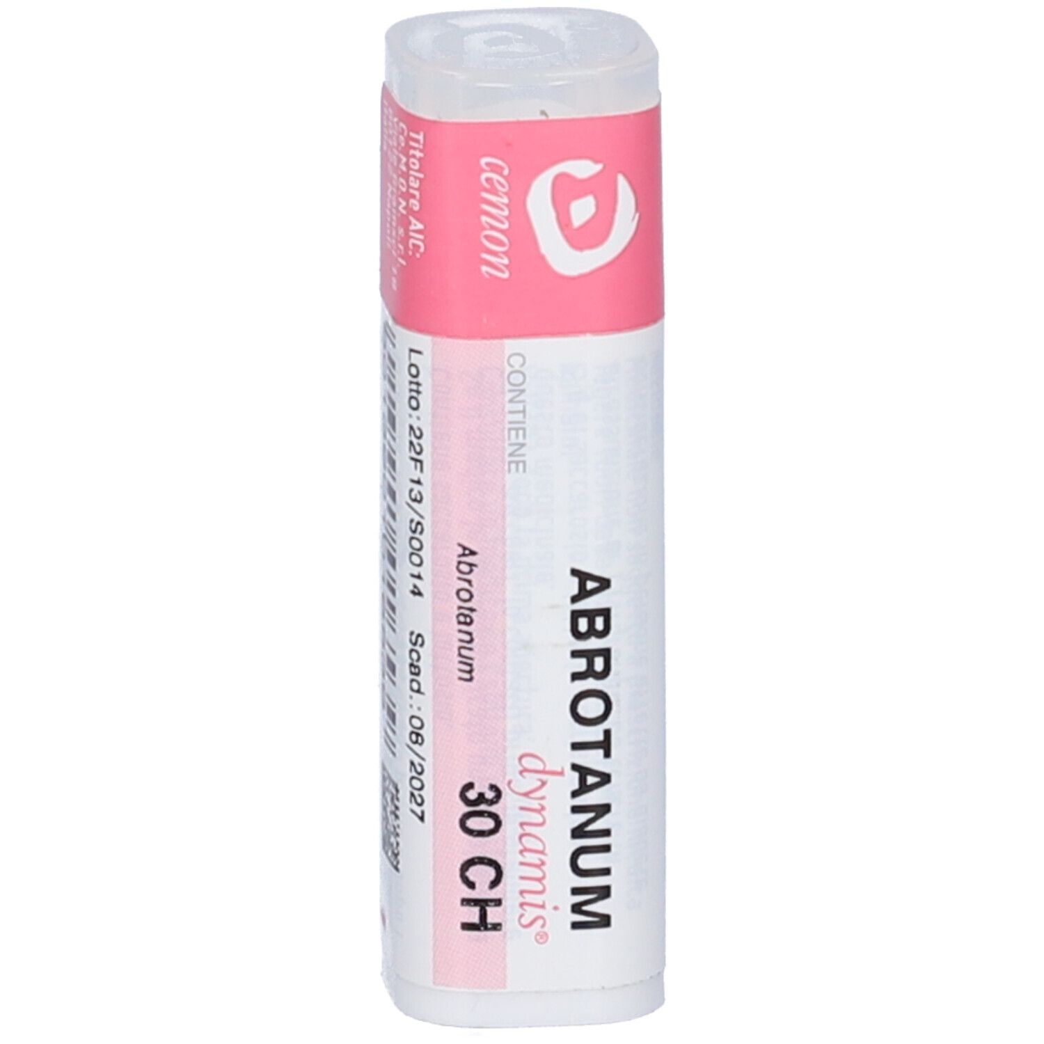 Flacone cilindrico bianco e rosa. Scritta: ABROTANUM dynamis 30 CH. Coperchio con logo. Testo in italiano.