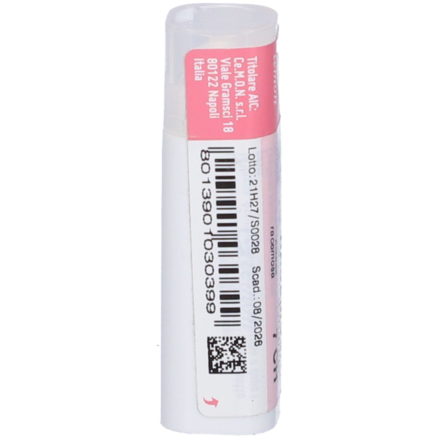 Confezione cilindrica bianca con etichetta rosa. Codice a barre e testo: 21H27/S0028, scad. 08/2026.