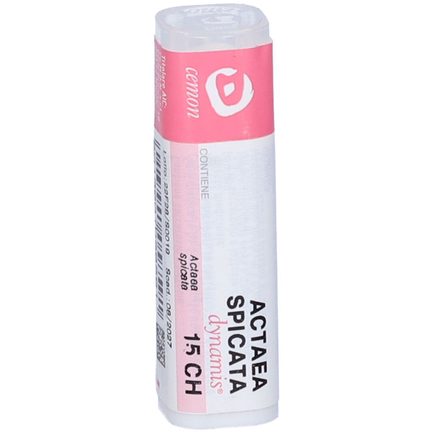 Flacone bianco con fascia rosa. Scritta: Actaea Spicata 15 CH, dynamis.