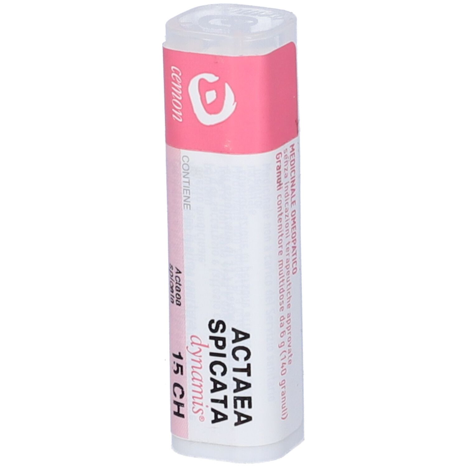 Flacone bianco con fascia rosa. Scritta: Actaea Spicata 15 CH, dynamis, medicinale.