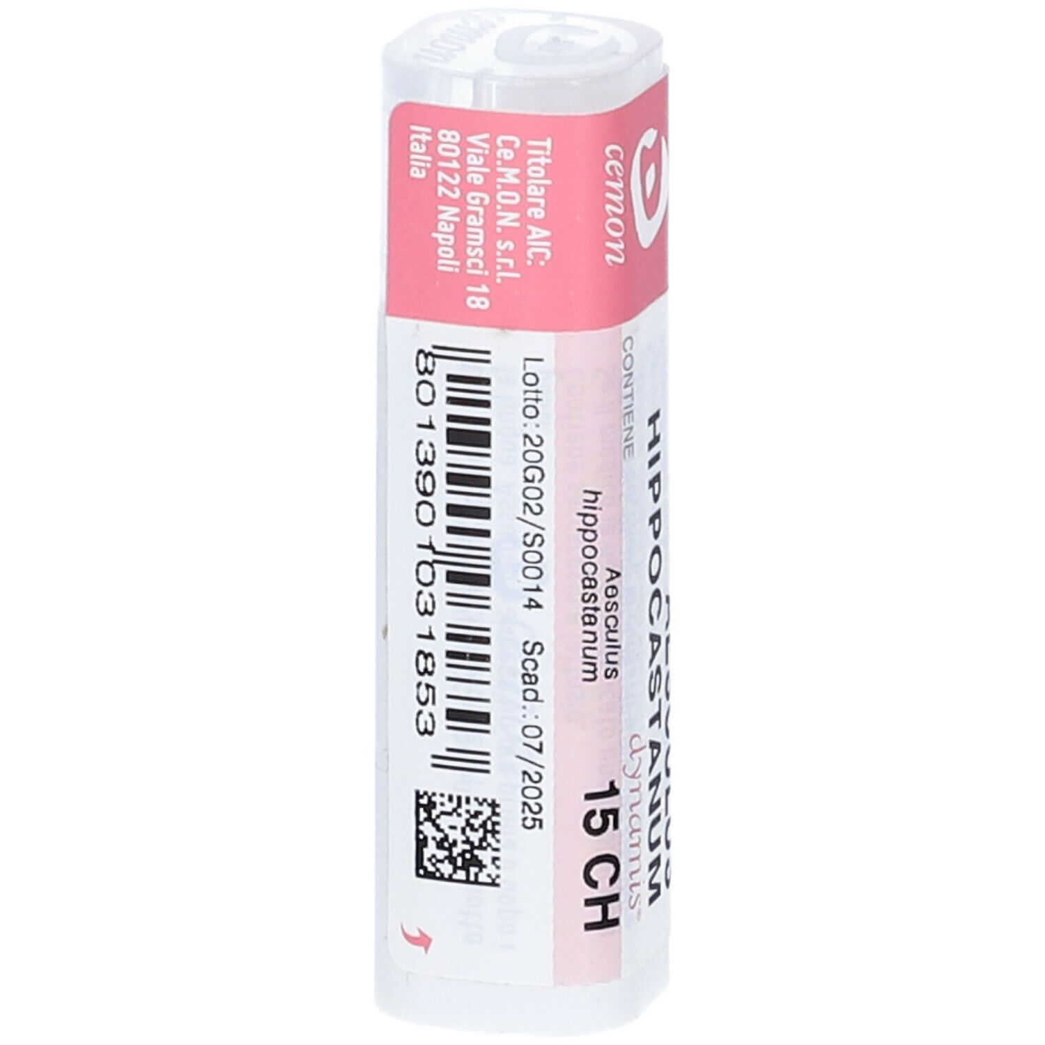 Confezione cilindrica con etichetta rosa e bianca. Codice a barre e testo visibili.