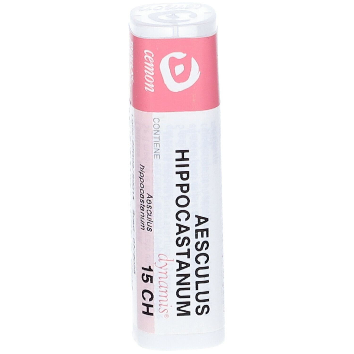 Confezione cilindrica con etichetta rosa e bianca. "AESCULUS HIPPOCASTANUM 15 CH".