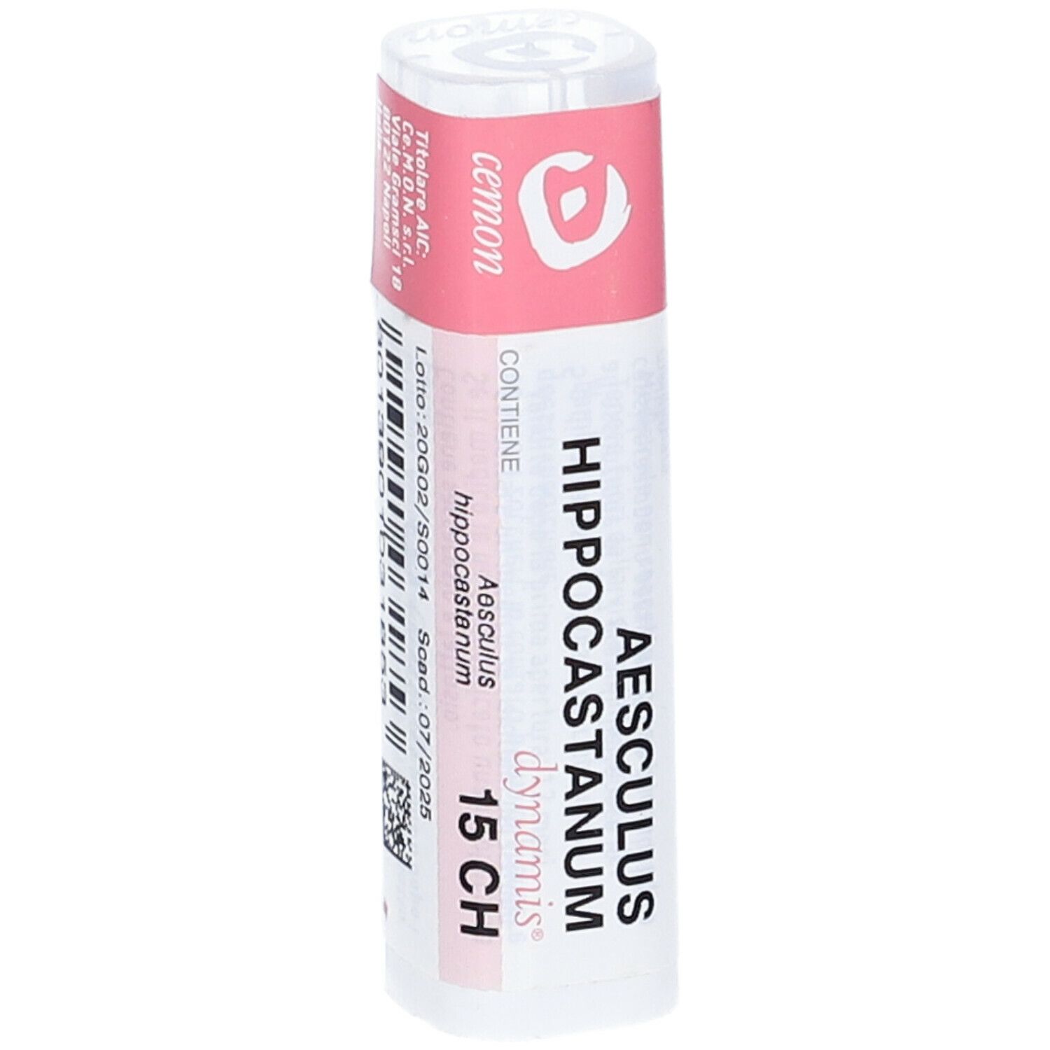 Confezione cilindrica con etichetta rosa e bianca. Codice a barre e testo visibili.