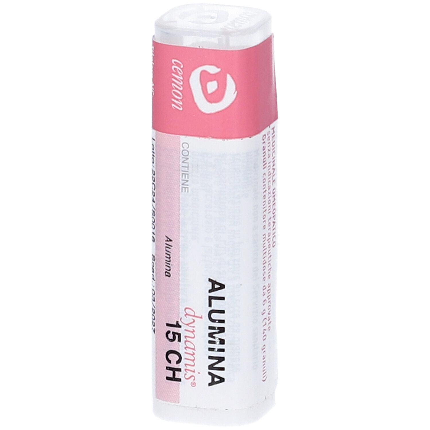 Confezione cilindrica con etichetta rosa. Scritte: Alumina 15 CH, dynamis. Coperchio bianco. Testo in italiano.