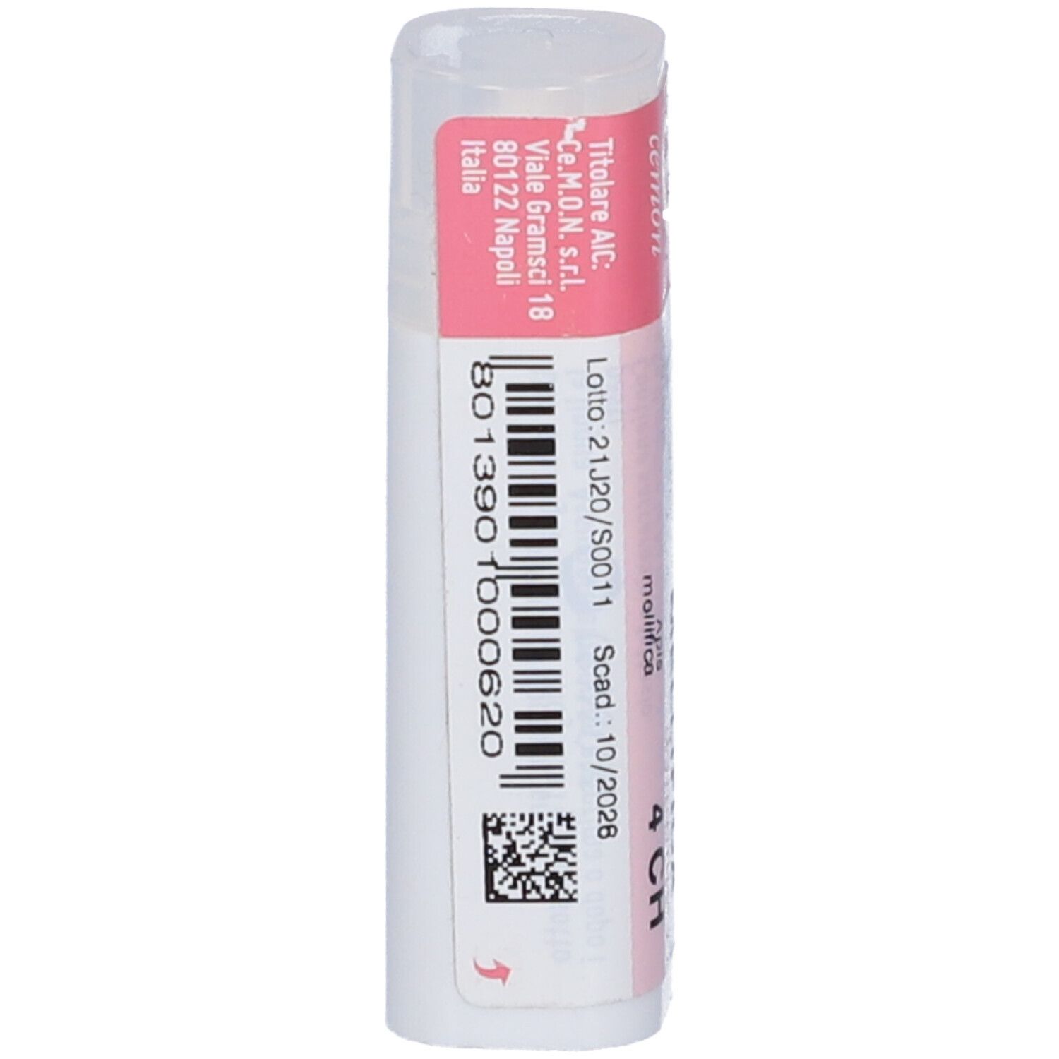Confezione cilindrica con etichetta rosa e bianca. Scritta: Apis mellifica 4 CH. Codice a barre.