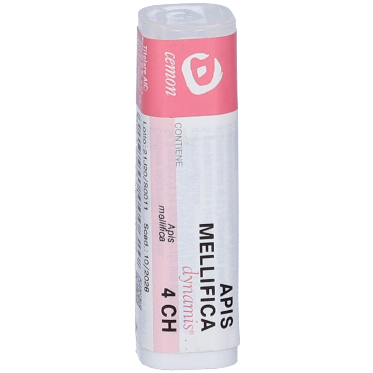 Confezione cilindrica con etichetta rosa e bianca. Scritta: Apis mellifica 4 CH.