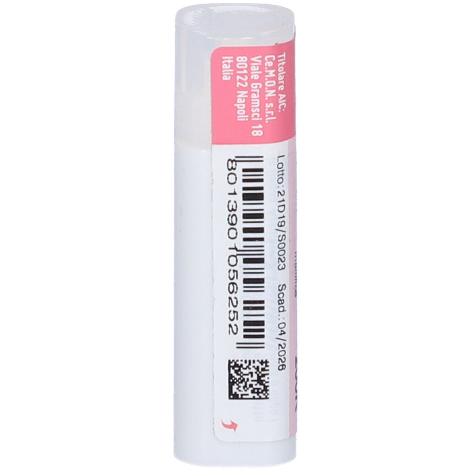 Confezione cilindrica con codice a barre ed etichetta rosa. Scritta: Cemon, indirizzo, scadenza.