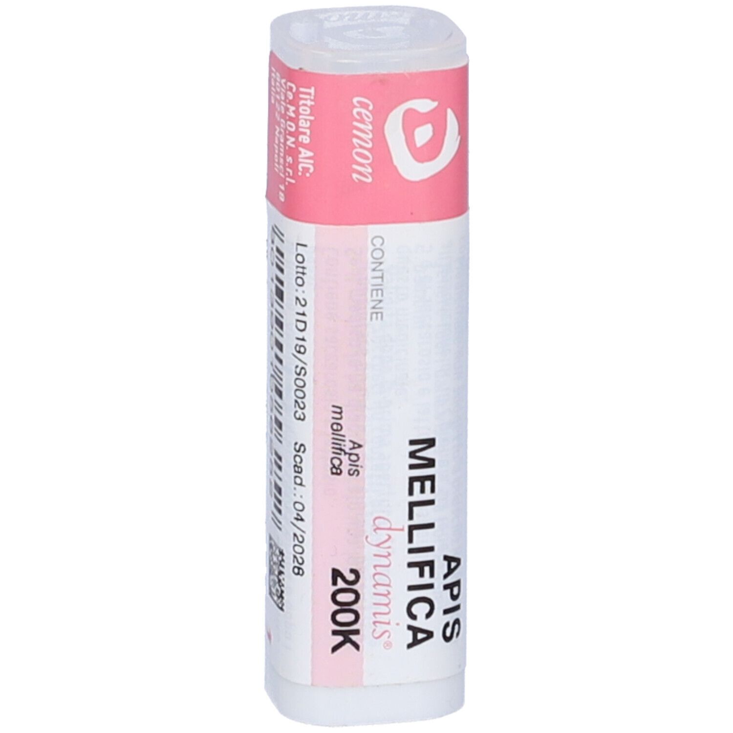 Confezione cilindrica con etichette rosa e bianche. Scritta: Apis Mellifica 200K, dynamis.