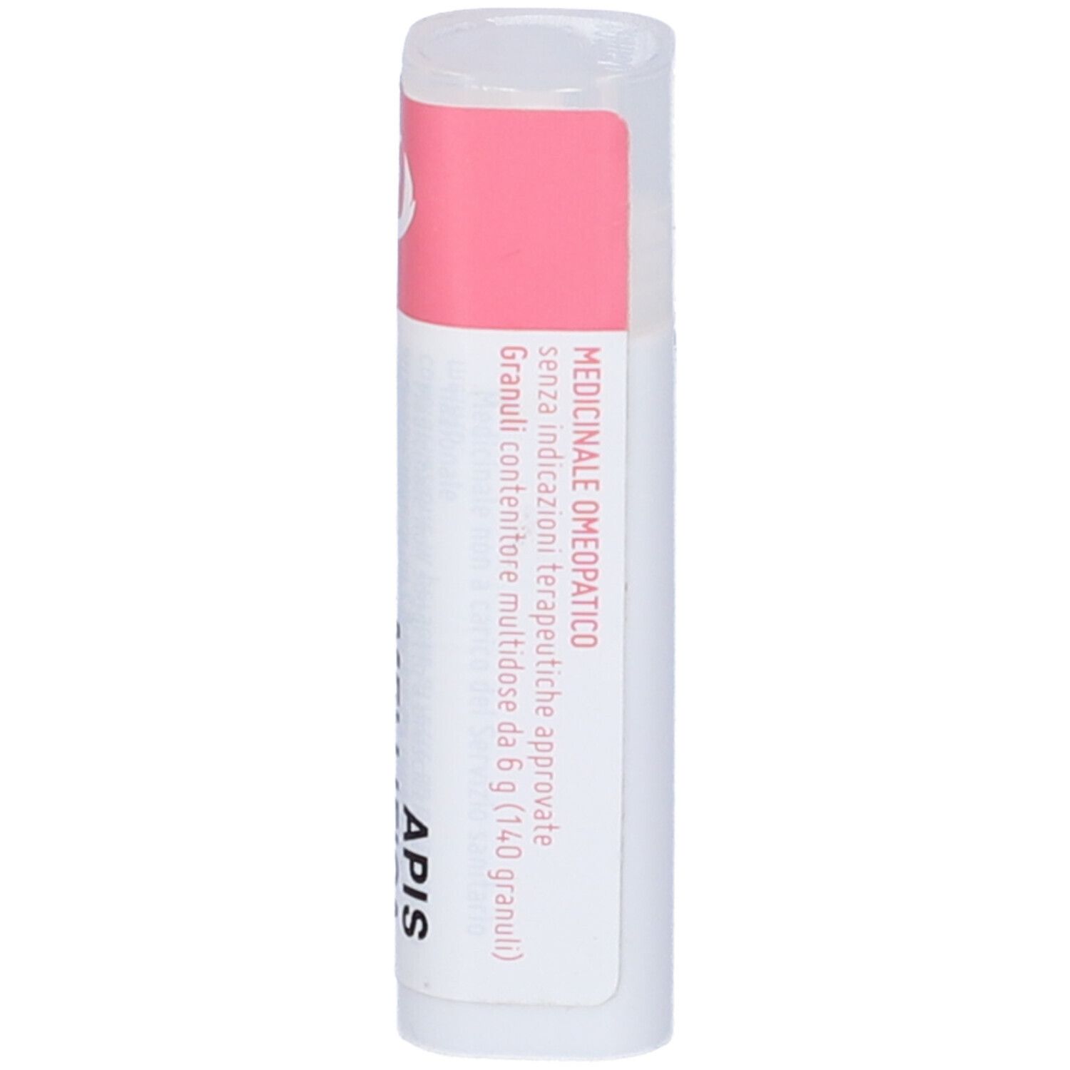 Confezione cilindrica con etichette rosa e bianche. Scritta: Apis, Omeopatia medica.