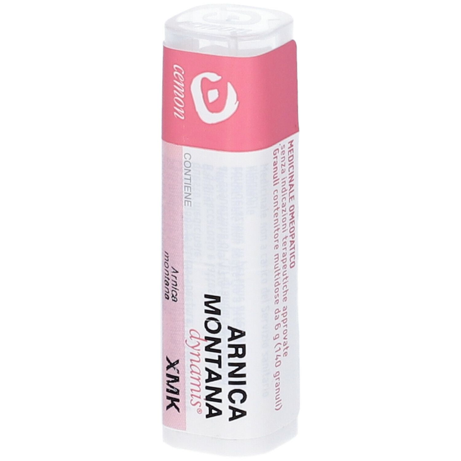 Confezione cilindrica. Etichetta rosa con testo: Arnica Montana dynamis XMK. Prodotto medico.