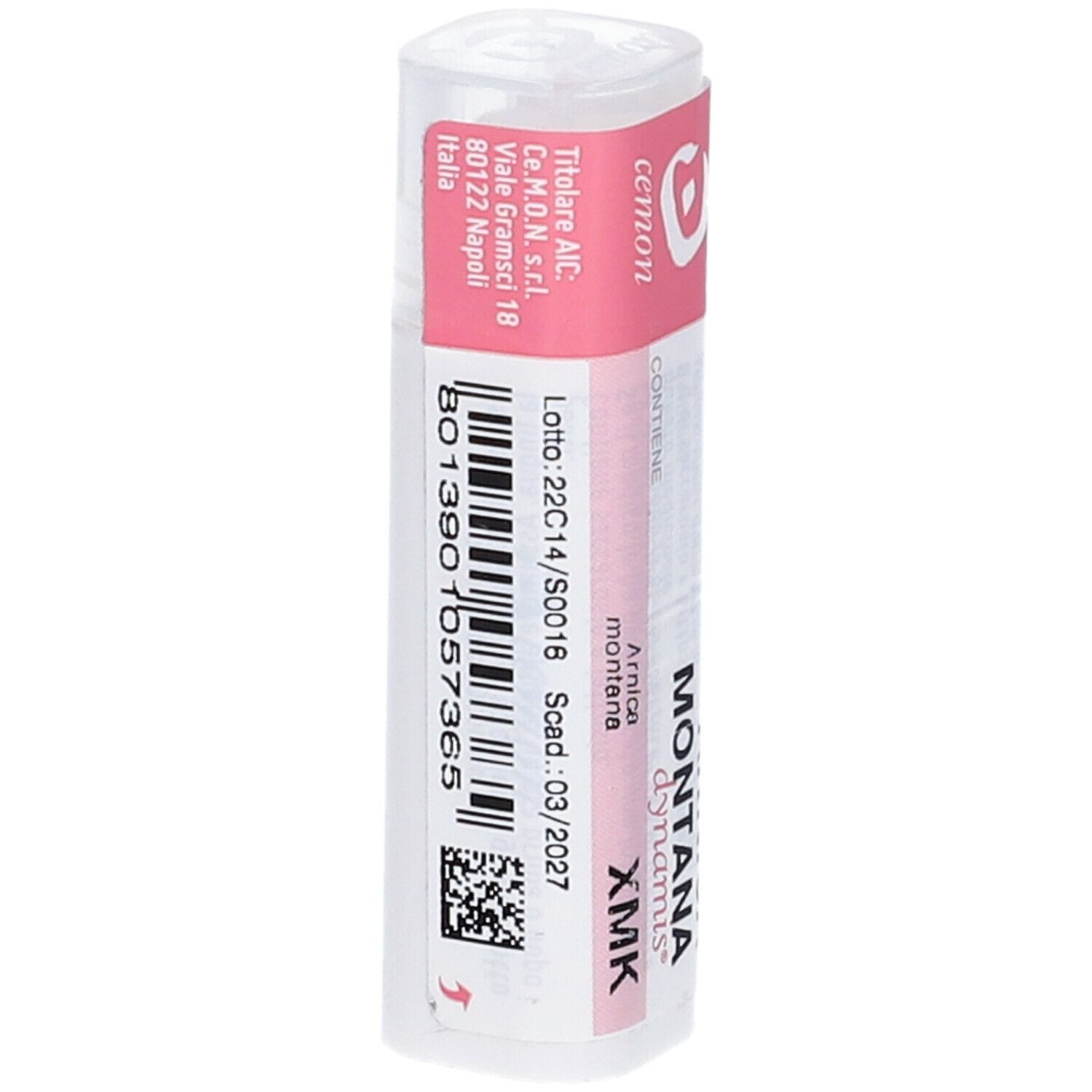 Confezione cilindrica. Etichetta rosa con testo: Arnica Montana dynamis XMK. Codice a barre e numero di lotto.