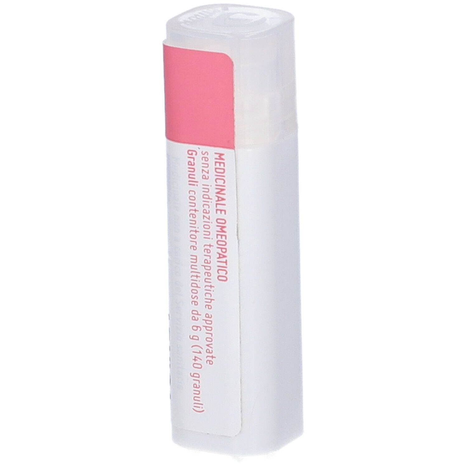 Confezione cilindrica. Etichetta rosa con testo: Prodotto medico. Granuli contenitore multidose.