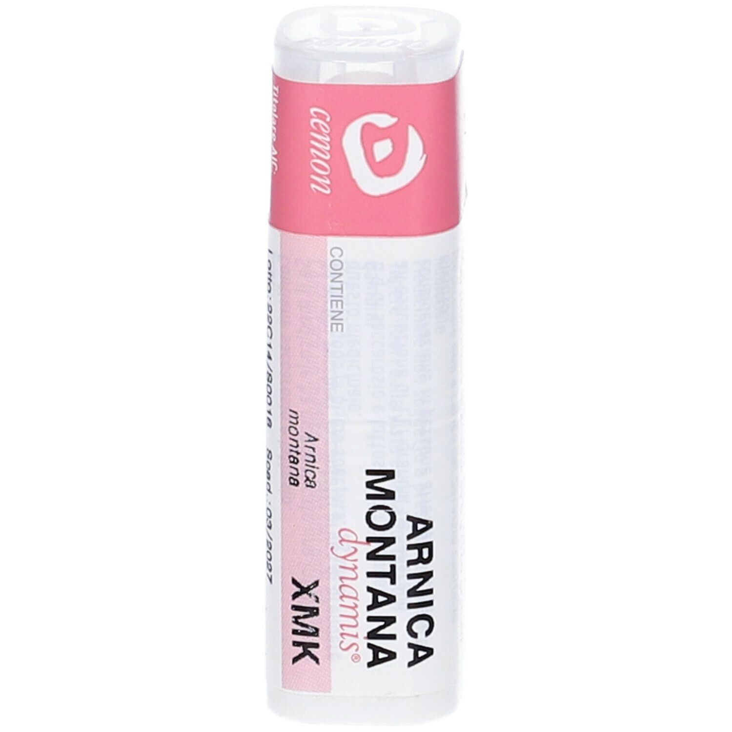 Confezione cilindrica. Etichetta rosa con testo: Arnica Montana dynamis XMK. Data di scadenza.
