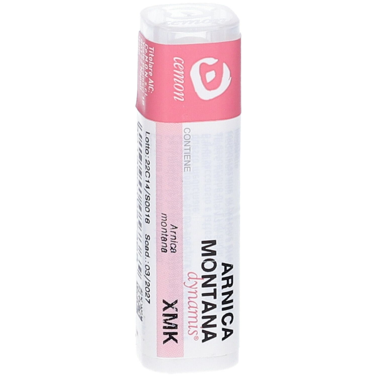 Confezione cilindrica. Etichetta rosa con testo: Arnica Montana dynamis XMK. Data di scadenza.
