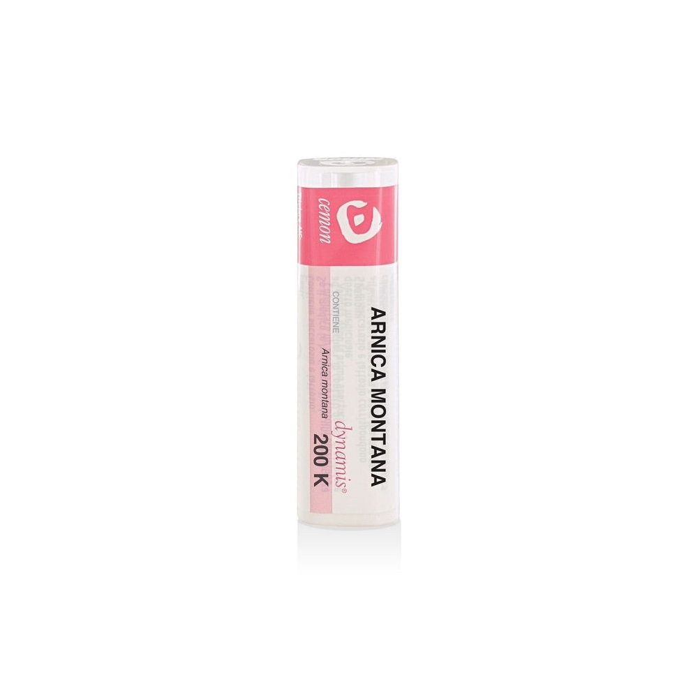 Confezione cilindrica bianca con etichetta rosa. Scritta: Arnica Montana 200K, Cemon.