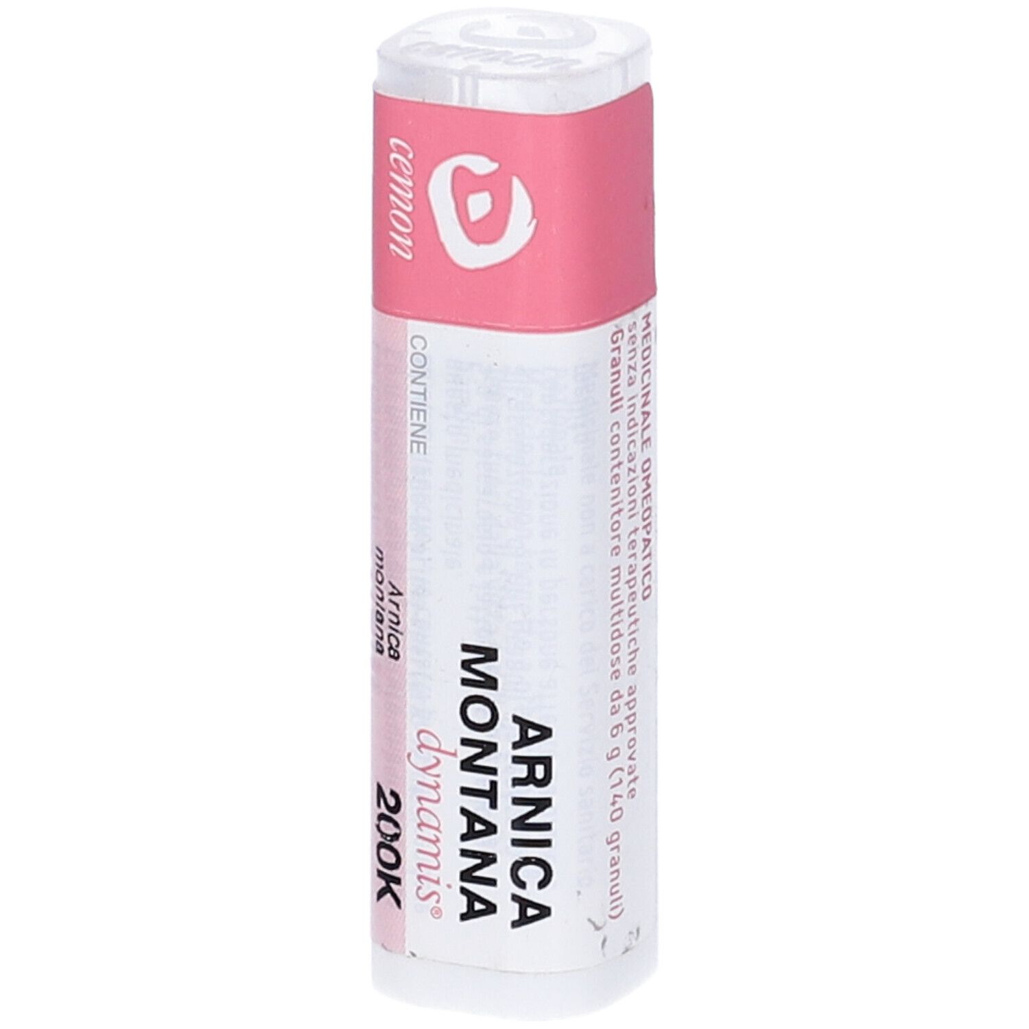 Confezione cilindrica con etichetta rosa. Scritta: Arnica Montana 200K, Cemon, dynamis.