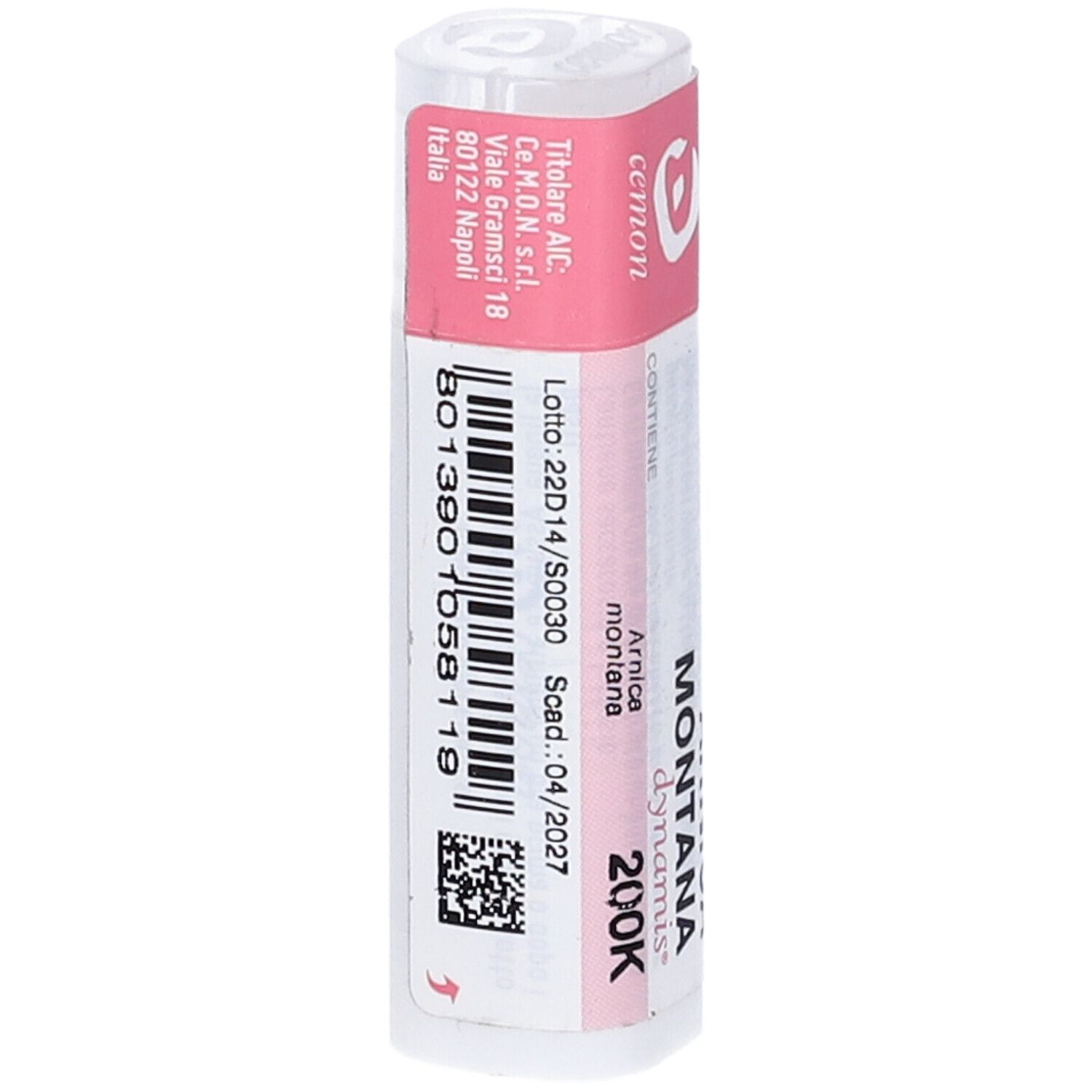Confezione cilindrica con etichetta rosa. Scritta: Arnica Montana 200K, Cemon, dynamis.