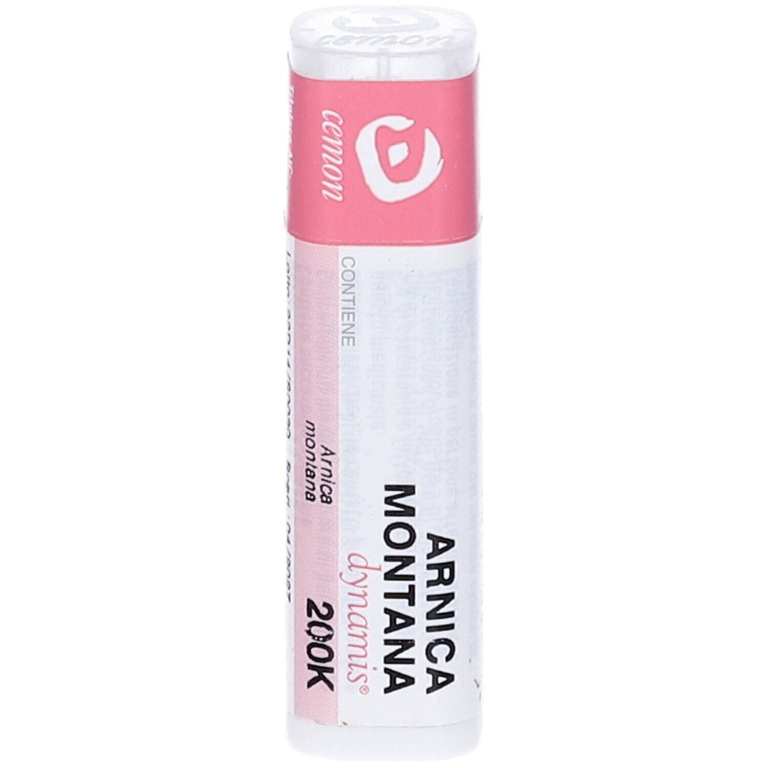 Confezione cilindrica con etichetta rosa. Scritta: Arnica Montana 200K, Cemon, dynamis.