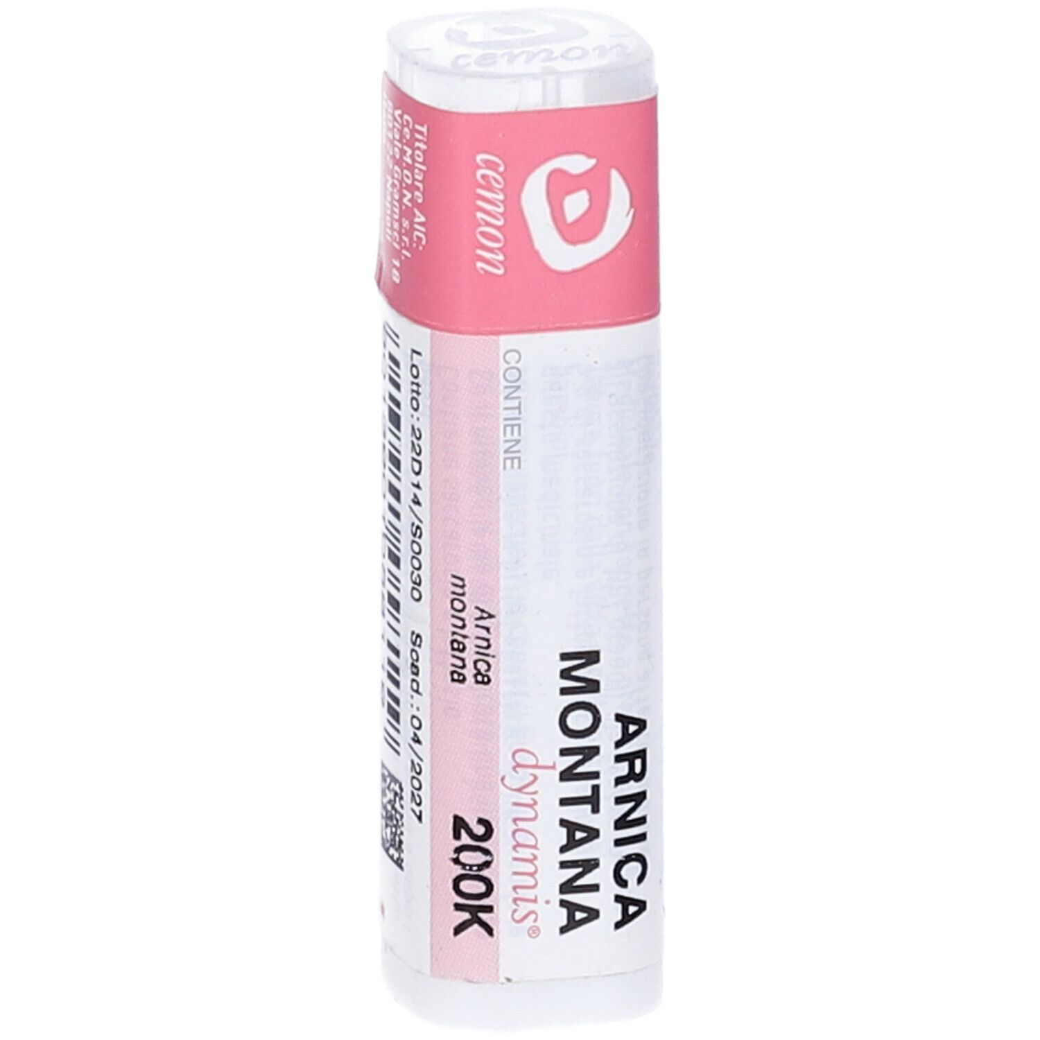 Confezione cilindrica con etichetta rosa. Scritta: Arnica Montana 200K, Cemon, dynamis.