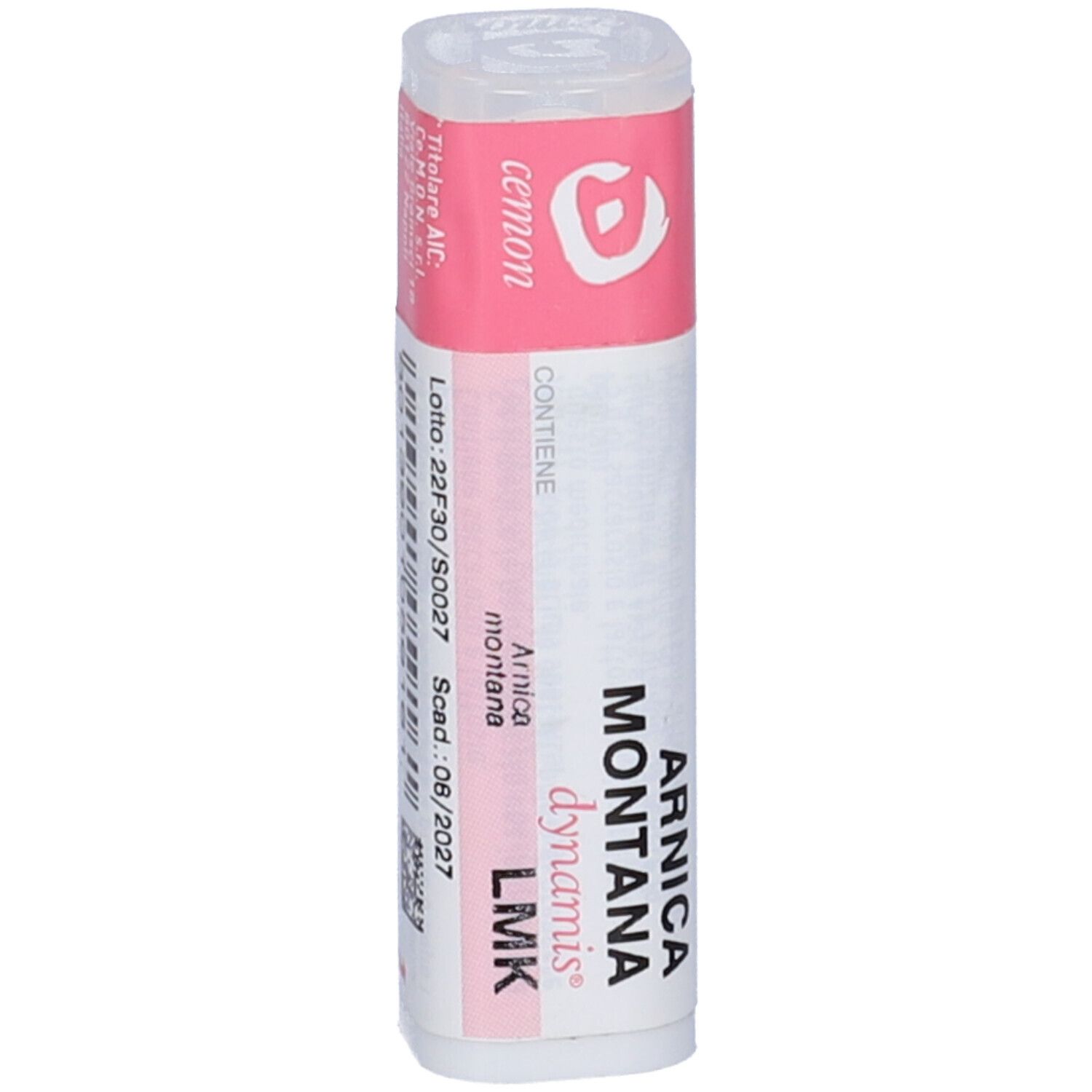Confezione cilindrica con etichetta rosa e bianca. Scritta: Arnica Montana LMK, cemon. Contiene globuli.