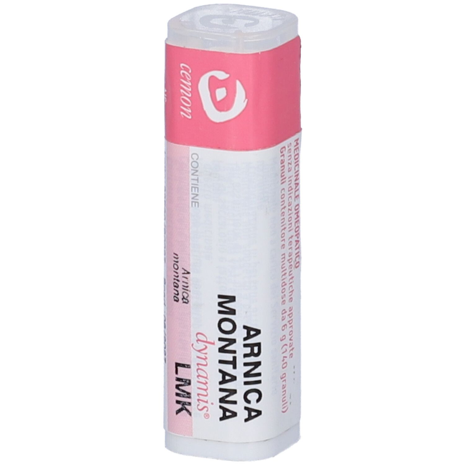 Confezione cilindrica con etichetta rosa e bianca. Scritta: Arnica Montana LMK, cemon. Contiene globuli.
