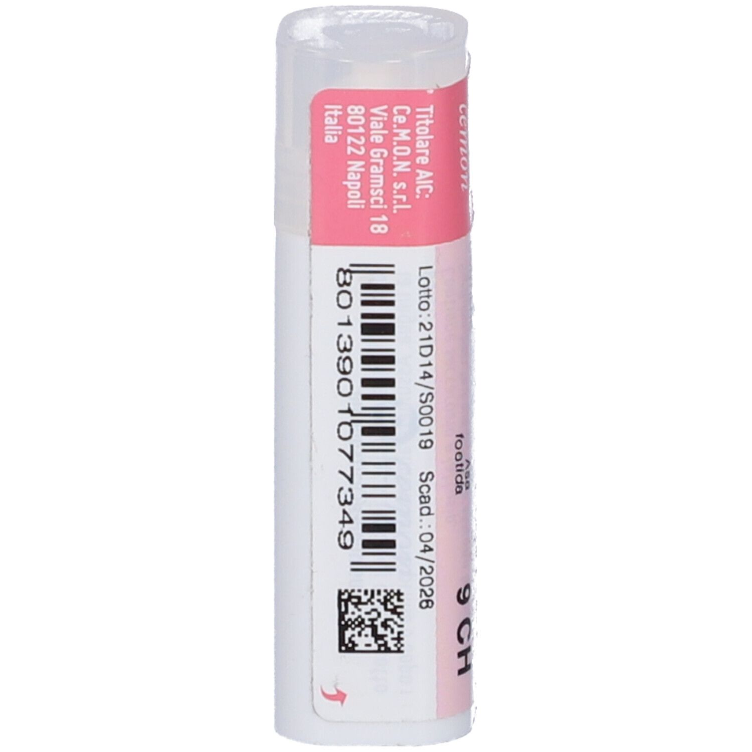 Confezione cilindrica con etichetta rosa e bianca. Codice a barre e testo.