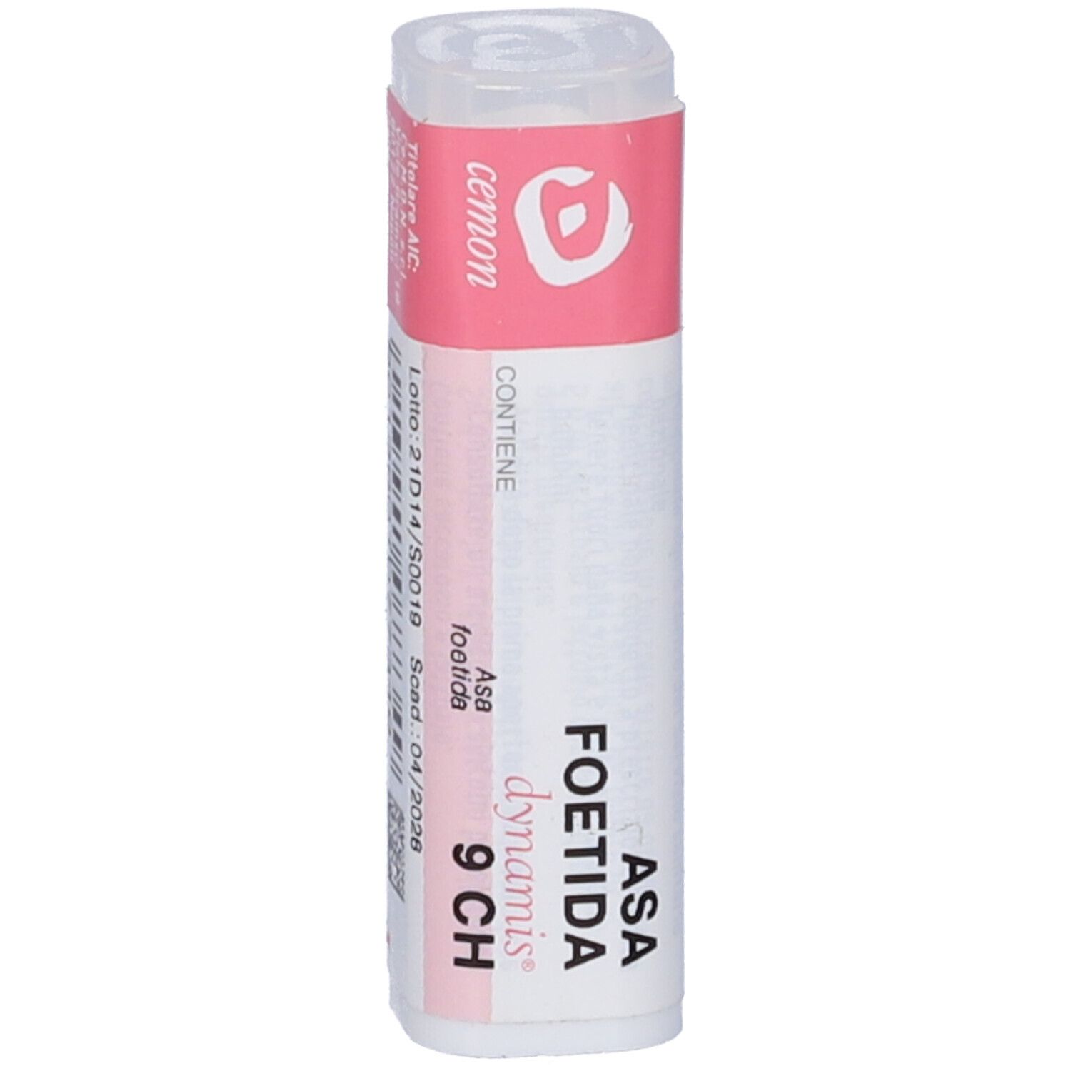 Confezione cilindrica con etichetta rosa e bianca. Scritta: Asa foetida 9 CH.