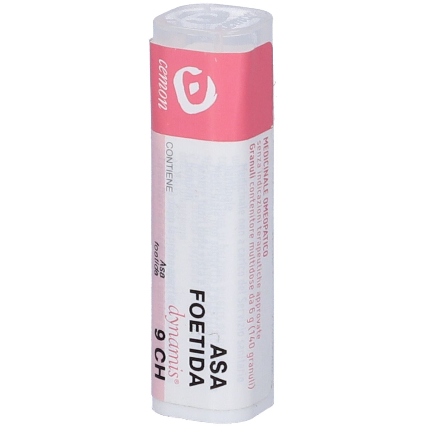 Confezione cilindrica con etichetta rosa e bianca. Scritta: Asa foetida 9 CH.