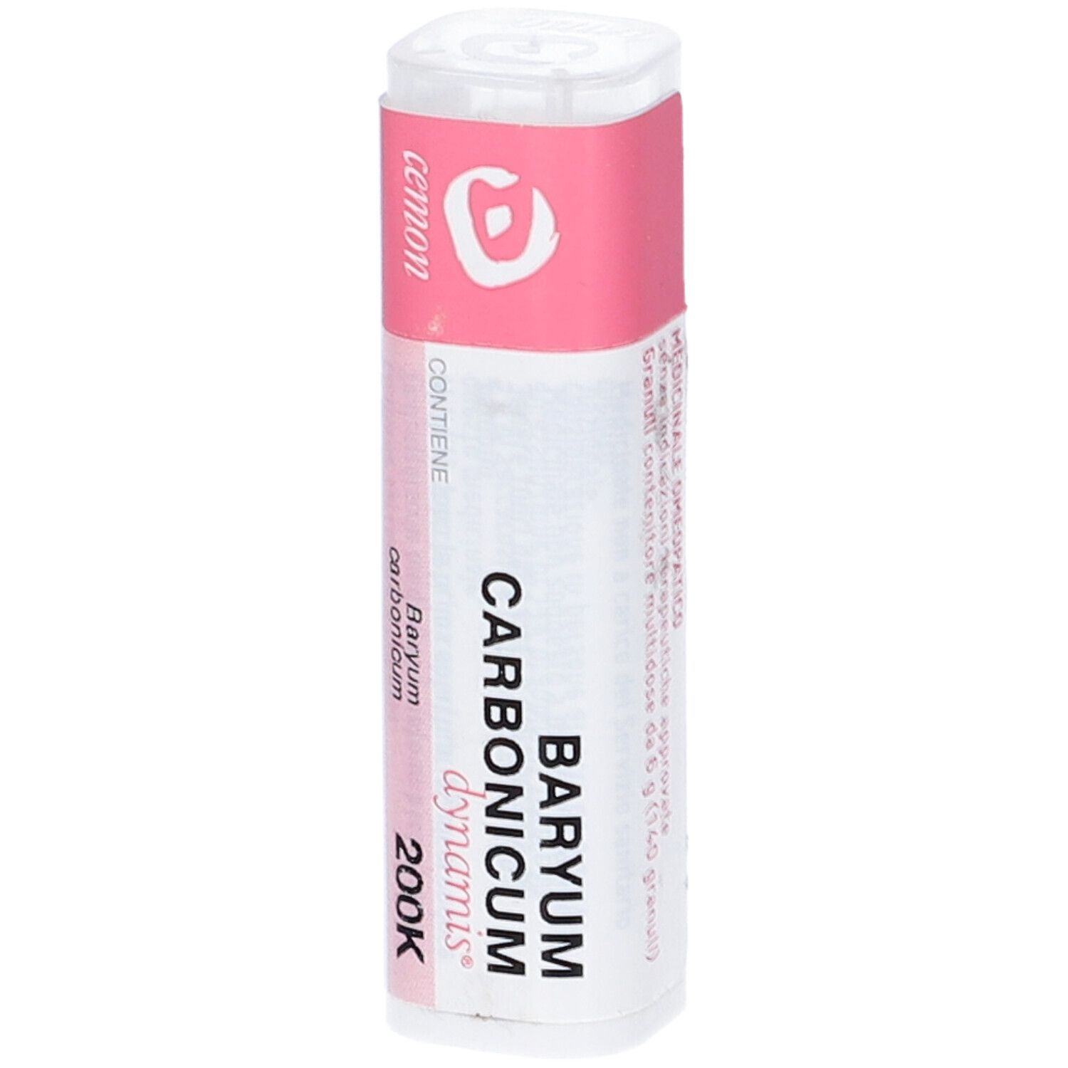 Confezione cilindrica con etichetta rosa. Scritte: BARYUM CARBONICUM 200K, cemon, dynamis.