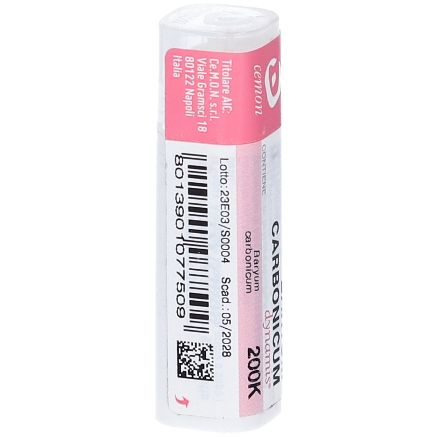 Confezione cilindrica con etichetta rosa. Scritte: BARYUM CARBONICUM 200K, cemon, dynamis, codice a barre.