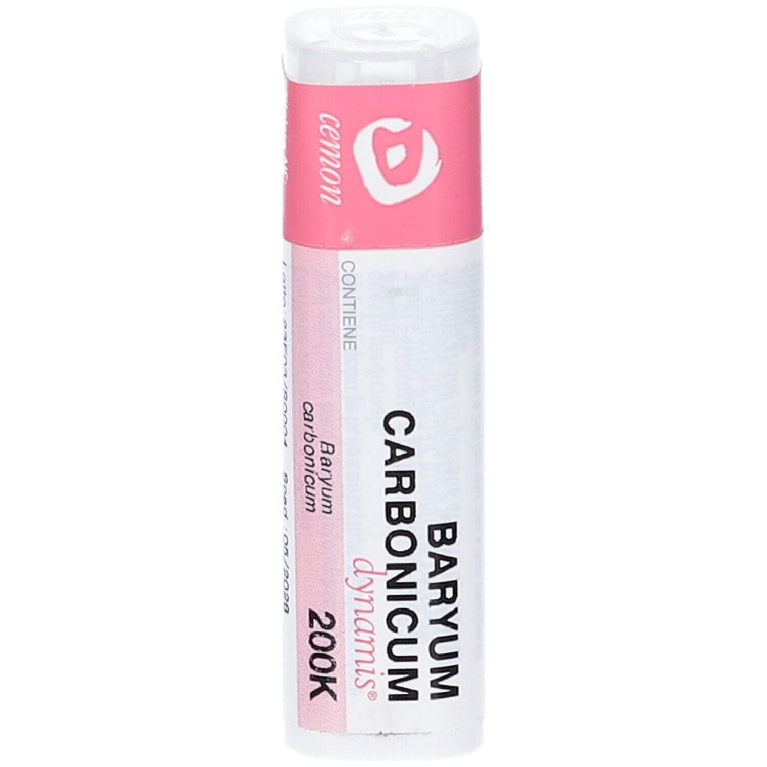 Confezione cilindrica con etichetta rosa. Scritte: BARYUM CARBONICUM 200K, cemon, dynamis.