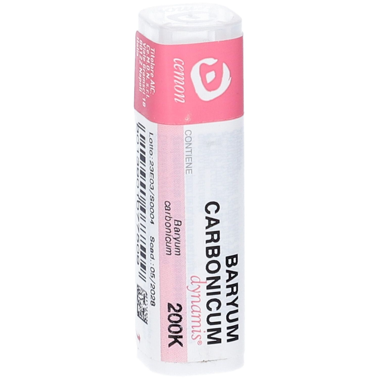 Confezione cilindrica con etichetta rosa. Scritte: BARYUM CARBONICUM 200K, cemon, dynamis, codice a barre, scadenza.