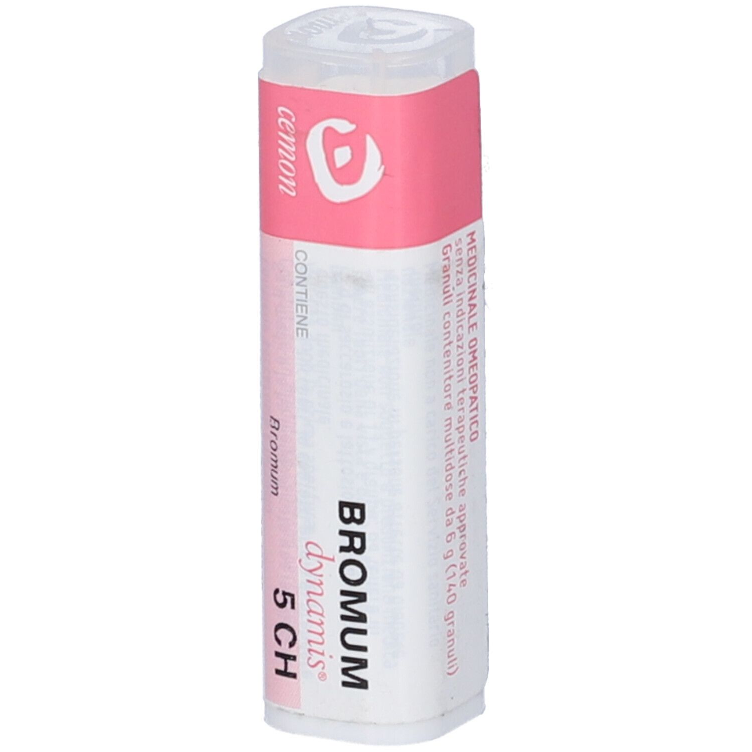 Confezione cilindrica con etichetta rosa. Scritta: Bromum 5 CH, cemon, dynamis. Contiene granuli. Prodotto medico.